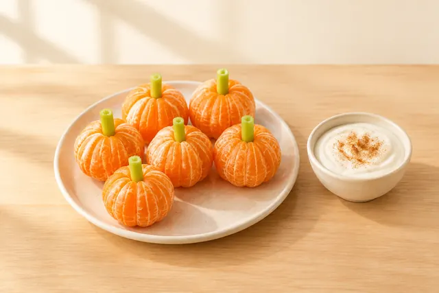 Calabazas de clementina con tallos de apio y un tazón de dip de yogur y canela