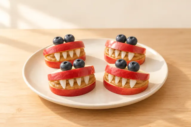 Gajos de manzana con mantequilla de semillas y dientes de coco, como bocas de monstruo