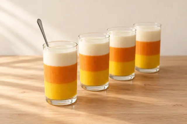 Vasos altos de parfaits en franjas amarilla, naranja y blanca