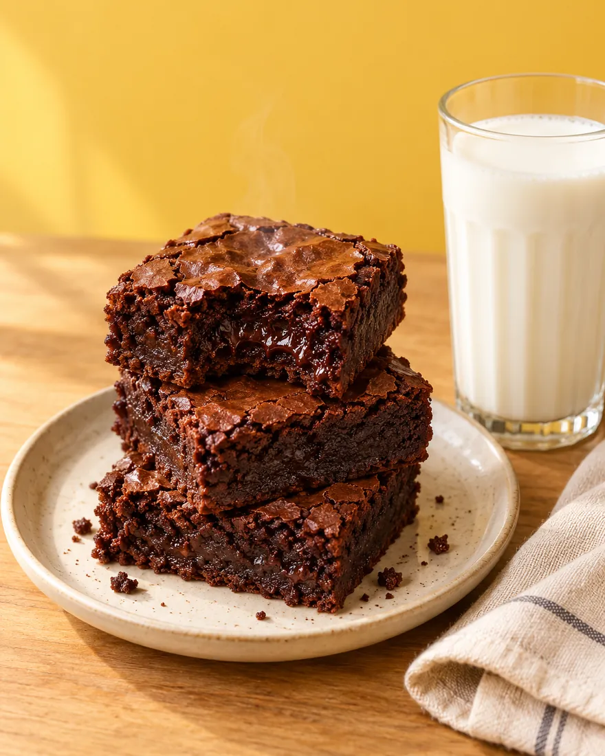 Tres brownies húmedos apilados, el de arriba con un mordisco, junto a un vaso de leche